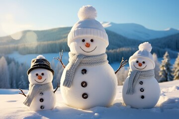 Obraz premium A snowman family two large snowmen and a smaller one in a winter landscape. They are wearing scarves and hats, with a background of snow-covered hills and a clear blue sky
