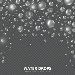 Square backdrop with rain droplet, 3d shiny dew, water blobs or aqua splashes, water texture closeup on transparent background. Template of banner with realistic macro pure water drops frame. 