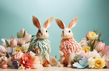 Voluminous paper bunnies on spring background. Easter DIY decor made from eco-friendly and recyclable materials. Copy space.