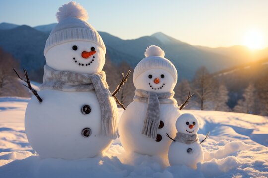 A snowman family two large snowmen and a smaller one in a winter landscape. They are wearing scarves and hats, with a background of snow-covered hills and a clear blue sky