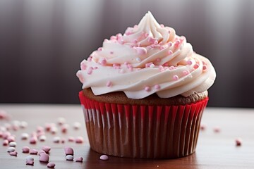 Valentine cupcake with heart-shaped sprinkles on red background