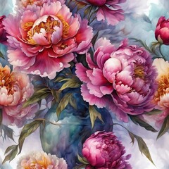 watercolor of arrangement with peony flowers, contemporary art, intense, stylized, detailed, high resolution