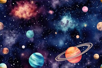 Seamless pattern of watercolor outer cosmos space with different planet