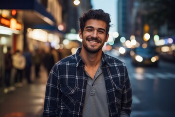 Fototapeta premium Portrait of a happy man in his 20s dressed in a relaxed flannel shirt against a busy urban street. AI Generation