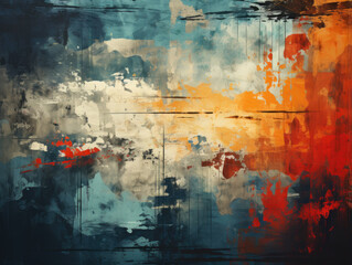 On a blue scratched texture with dust, an abstract grunge background displays orange glitch noise, mimicking a damaged screen.