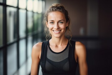 Portrait of a smiling woman in her 40s dressed in a breathable mesh vest against a modern minimalist interior. AI Generation