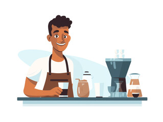 2D cartoon style illustration of a barista working to brew coffee.