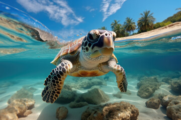 Obraz premium Little turtles swim underwater sea.