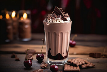 Delicious cherry chocolate milkshake (black forest) on a blurred background. Garnished with chocolate shavings and whipped cream on top. Selective focus. Horizontal close-up front view.