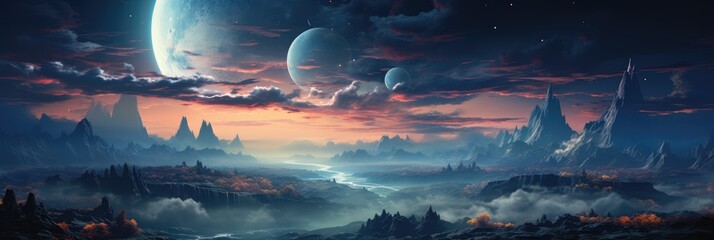Panoramic views with mountains, rivers, trees and planets - obrazy, fototapety, plakaty