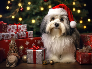 Dog dressed as Santa Claus.