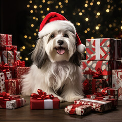 Dog dressed as Santa Claus.