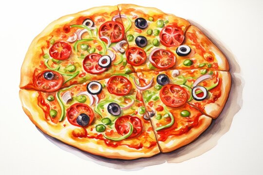 Fresh watercolor pizza on white background.