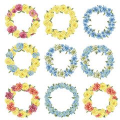 Flowers wreath with dahlia, watercolor illustration for cards, backgrounds. Watercolor illustration for scrapbooking. Hand drawn background with flower for your design. Perfect for wedding invitation.