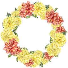 Flowers wreath with dahlia, watercolor illustration for cards, backgrounds. Watercolor illustration for scrapbooking. Hand drawn background with flower for your design. Perfect for wedding invitation.