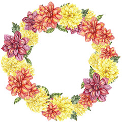 Flowers wreath with dahlia, watercolor illustration for cards, backgrounds. Watercolor illustration for scrapbooking. Hand drawn background with flower for your design. Perfect for wedding invitation.