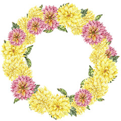 Flowers wreath with dahlia, watercolor illustration for cards, backgrounds. Watercolor illustration for scrapbooking. Hand drawn background with flower for your design. Perfect for wedding invitation.