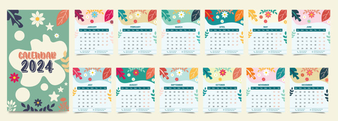 Monthly calendar template for the 2024 year, 12 months, minimalist style, floral calendar