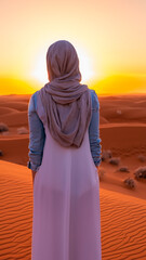 Hijab woman in the Sahara desert at sunset, Morocco