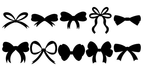 Black Silhouettes of Hand Drawn Ribbon Bows. Versatile Shapes for Elegant Decorations. Big Set of Bowties for Creative Projects.