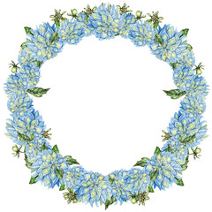 Flowers wreath with dahlia, watercolor illustration for cards, backgrounds. Watercolor illustration for scrapbooking. Hand drawn background with flower for your design. Perfect for wedding invitation.