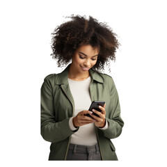 Woman with long hair holding a mobile phone, happy smiling