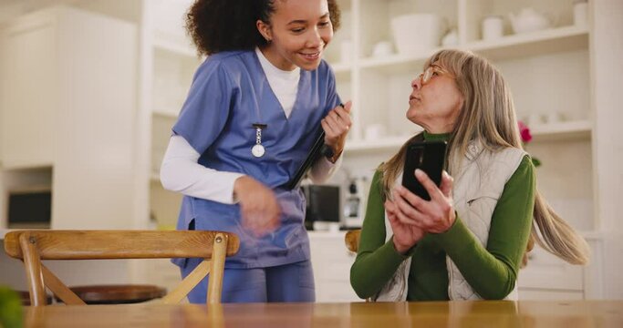 Caregiver, old woman and nursing home with technology assistance, cheerful and friendly helper in clinic. Women, diversity and carer of elderly patient with communication, cellphone and digital help