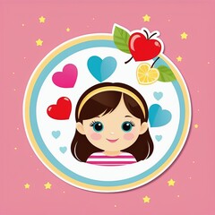cute girl with heart and a pink flower on her head cute girl with heart and a pink flower on her head girl with heart shaped frame sticker illustration