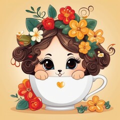 illustration with cute girl in a cup of tea illustration with cute girl in a cup of tea cute girl with flowers and tea mug