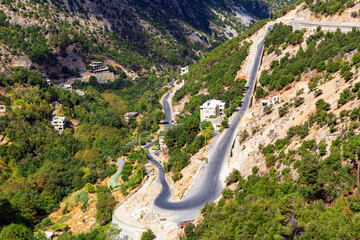 Picturesque views of mountains, mountain gorge and serpentine road in the mountainous region of Faraya. Republic of Lebanon