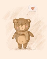 Cute baby bear with heart. Beautiful cartoon character. Children illustration. 