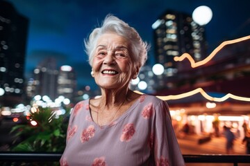 Obraz premium Portrait of a jovial elderly woman in her 90s donning a classy polo shirt against a background of bright city lights. AI Generation