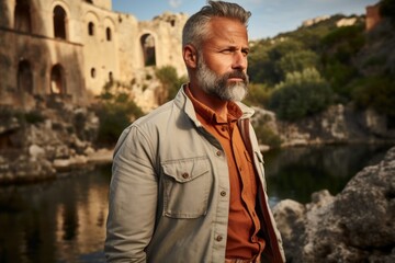 Portrait of a content man in his 50s sporting a vented fishing shirt against a backdrop of ancient ruins. AI Generation