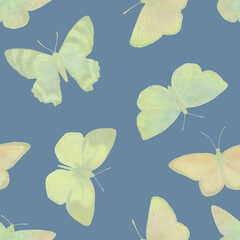 Seamless delicate pattern with flying butterflies, abstract floral watercolor print on a blue background.
