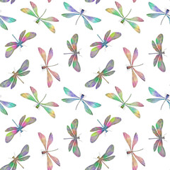 dragonflies drawn in watercolors in digital processing, seamless pattern on a white background for the design of wrapping paper, wallpaper, textiles