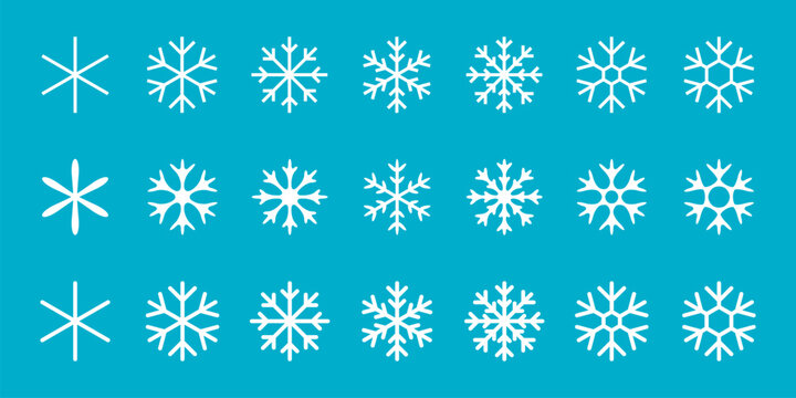 角丸または角張った形のシンプルな白い雪の結晶、スノーフレイク、アスタリスク。 ベクターイラスト青背景アイコンセット素材
