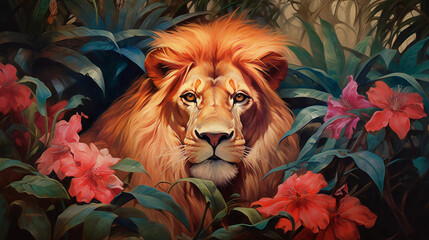 Illustration of an oil painting portrait of a male lion among roses and palm leaves