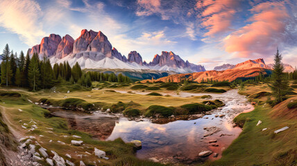 Naklejka premium Golden valley, river, mountains adorn sunset.