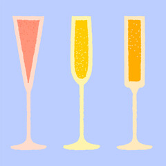 Set of champagne glasses. Vector illustration with texture. Sparkling wine in glass. Simple design of alcoholic drinks for celebration and bar