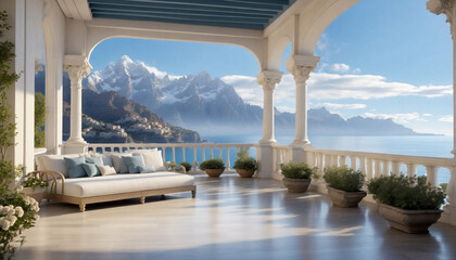 The spacious terrace with classical columns and balustrade offers a picturesque panoramic view of the sea and mountain peaks. Large sofa for relaxing and plants in vases are on the terrace. - obrazy, fototapety, plakaty