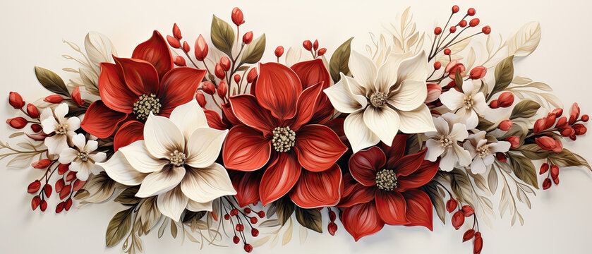 fondo ramo de flores de pascua rojas y blancas con planta de acebo sobre fondo blanco