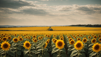 Fototapeta premium A scene of serene perfection unfolds in an idyllic sunflower field, where rows of towering yellow blooms stand as nature's testament to beauty and tranquility - AI Generative