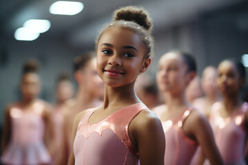 Portrait of african american adorable little ballerina, with other girls practicing ballet in...