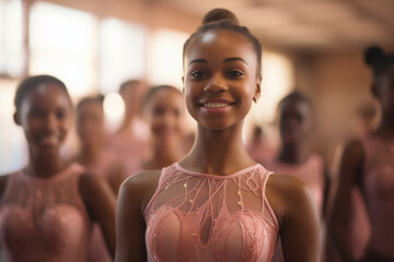 Portrait of african american adorable little ballerina, with other girls practicing ballet in studio, rehearsal befor performance in dance suits.