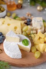 Cheese plate with a variety of cheeses, honey, grapes, nuts, olives, blueberries and fresh herbs on a concrete background. Festive Christmas and New Year's snack. Top view, copy space