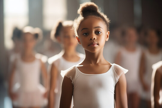 Portrait of african american adorable little ballerina, with other girls practicing ballet in studio, girls in dance suits.