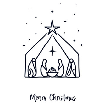  black minimalist or Christmas nativity scene on a white background