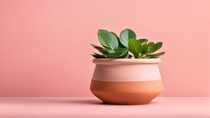 Charming light pink clay pot with plant on soft backdrop, botanical elegance in minimal setting.