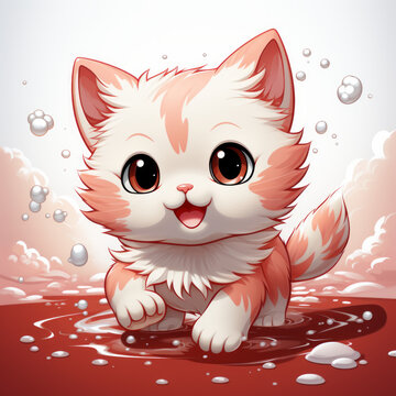 Funny cheerful drawn kitten in red and white colors.