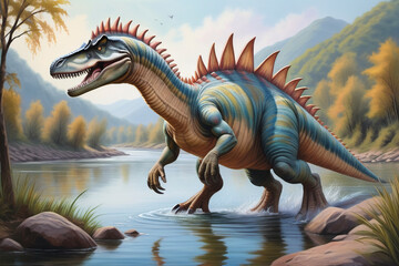 dinosaurio en paisajes con colores pastel - obrazy, fototapety, plakaty